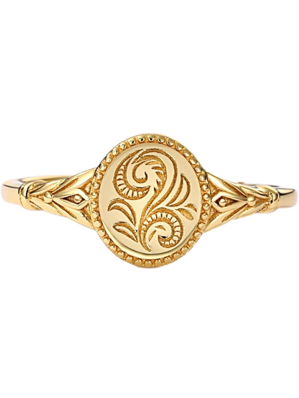 Gold Engraved Floral Signet Ring - Stailess Steel Size 5